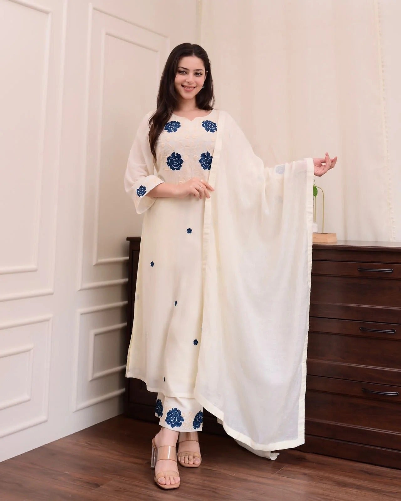 Off White Titanic Kurta Pant Dupatta Set – Embroidered Tesla Fabric with Vichitra Dupatta | House of ShiVisha™ | SKU: Off White Titanic Suit