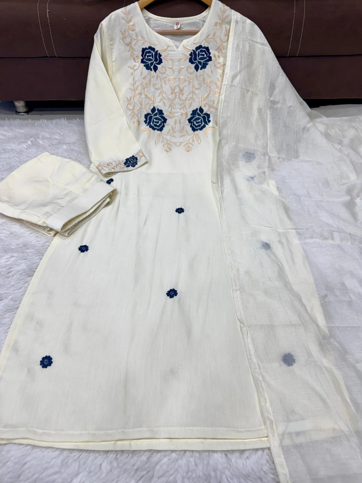 Off White Titanic Kurta Pant Dupatta Set – Embroidered Tesla Fabric with Vichitra Dupatta | House of ShiVisha™ | SKU: Off White Titanic Suit