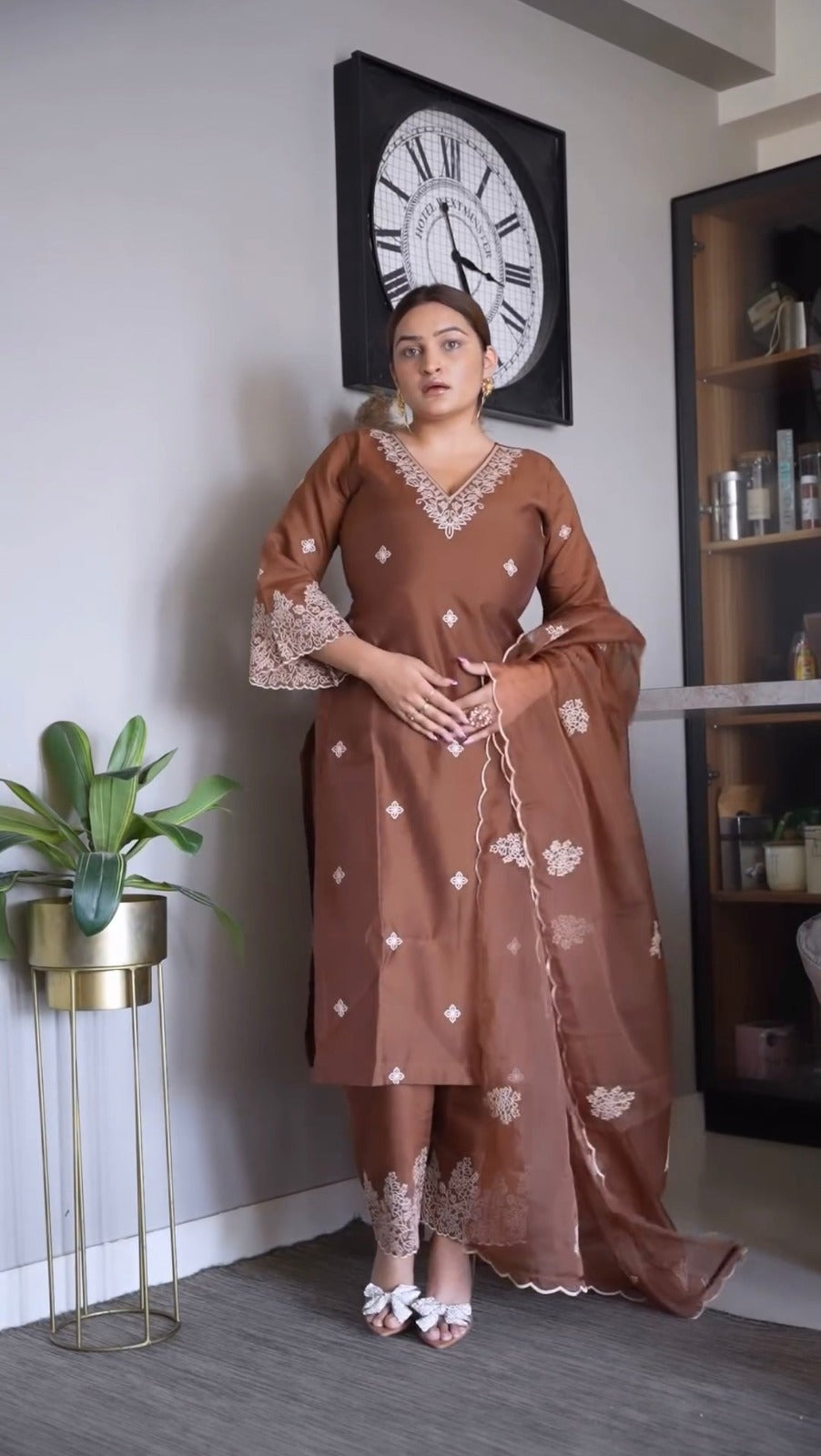 Paheli Brown Vichitra Silk Kurta Pant Dupatta Set – Embroidered Design with Tabby Silk Dupatta | House of ShiVisha™ | Graceful Classics Edition