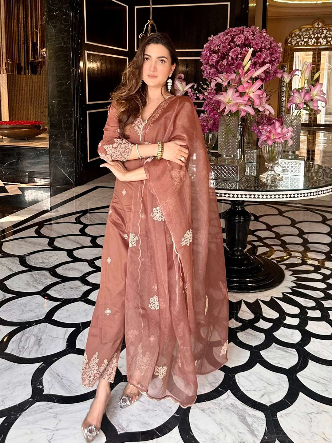 Paheli Brown Vichitra Silk Kurta Pant Dupatta Set – Embroidered Design with Tabby Silk Dupatta | House of ShiVisha™ | Graceful Classics Edition