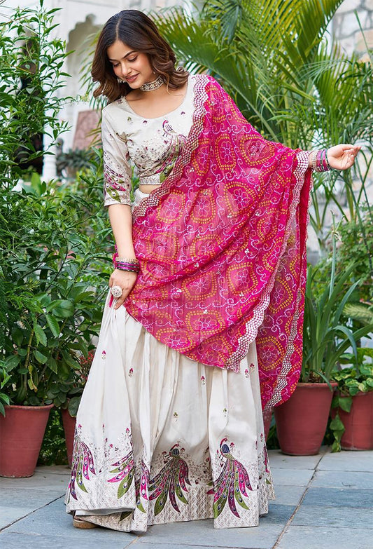 Peacock Chinon Lehenga Choli – Embroidered Zari Work with Georgette Dupatta | House of ShiVisha™ | Style Code: Peacock Lehenga