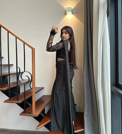 Premium Crape Silk Lehenga Saree – Embroidered Net Blouse with Attached Dupatta | House of ShiVisha™ | Code: HOS-LS1046 - Ima