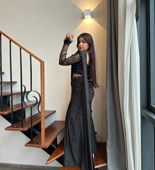 Premium Crape Silk Lehenga Saree – Embroidered Net Blouse with Attached Dupatta | House of ShiVisha™ | Code: HOS-LS1046 - Ima