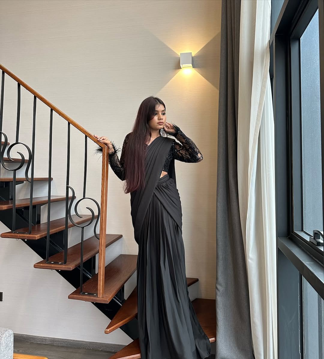 Premium Crape Silk Lehenga Saree – Embroidered Net Blouse with Attached Dupatta | House of ShiVisha™ | Code: HOS-LS1046 - Ima