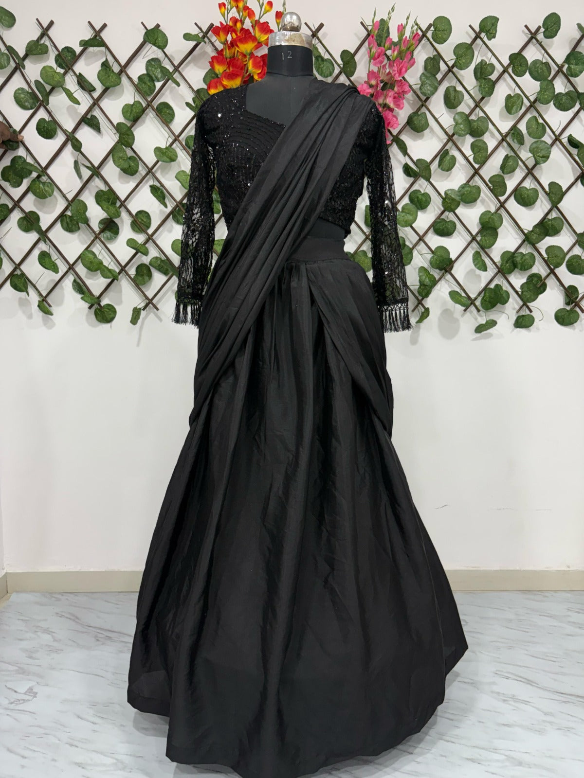 Premium Crape Silk Lehenga Saree – Embroidered Net Blouse with Attached Dupatta | House of ShiVisha™ | Code: HOS-LS1046 - Ima