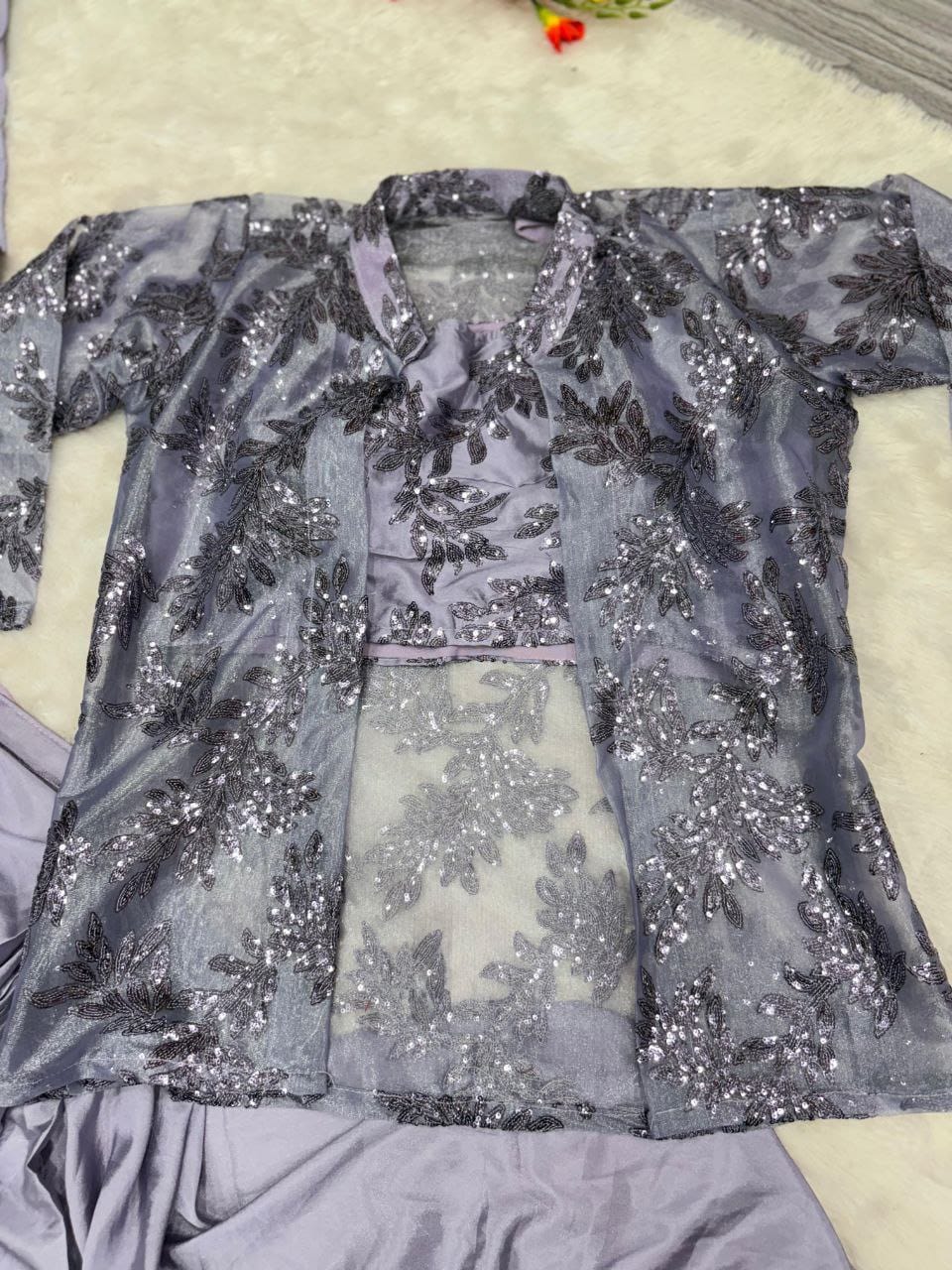 Premium French Crape Silk Ready-to-Wear Saree with Embroidered Jacket & Blouse | House of ShiVisha™ | Code: HOS-SJ1021 - Imag