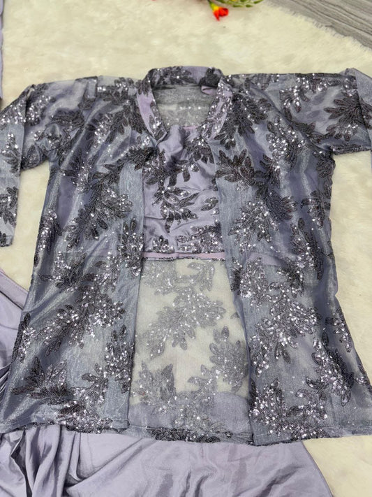 Premium French Crape Silk Ready-to-Wear Saree with Embroidered Jacket & Blouse | House of ShiVisha™ | Code: HOS-SJ1021 - Imag