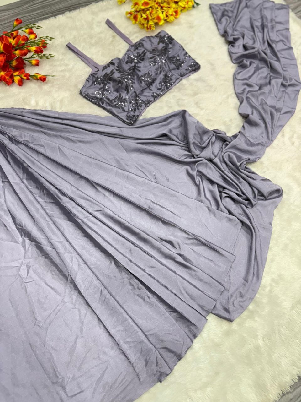 Premium French Crape Silk Ready-to-Wear Saree with Embroidered Jacket & Blouse | House of ShiVisha™ | Code: HOS-SJ1021 - Imag