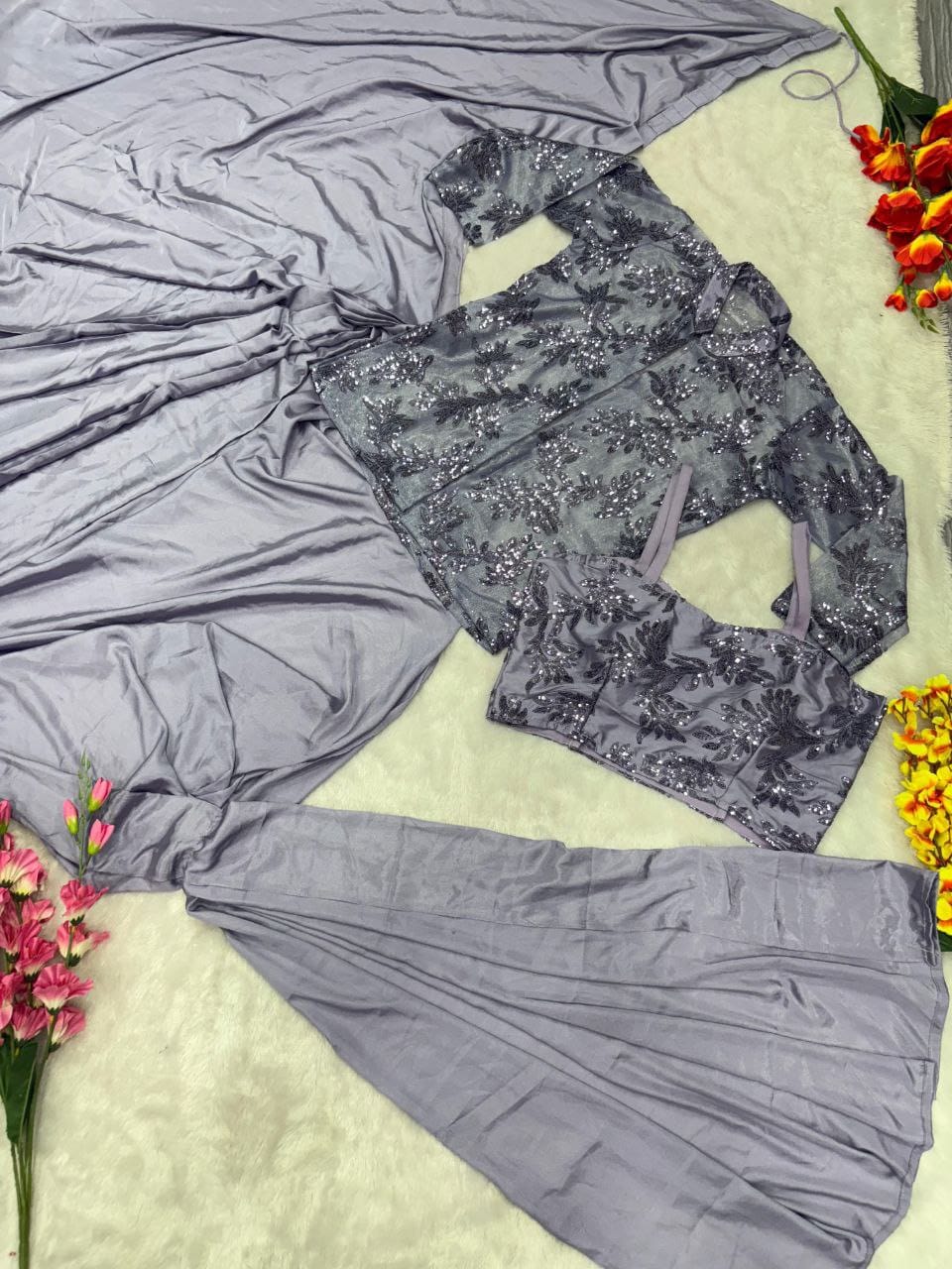 Premium French Crape Silk Ready-to-Wear Saree with Embroidered Jacket & Blouse | House of ShiVisha™ | Code: HOS-SJ1021 - Imag