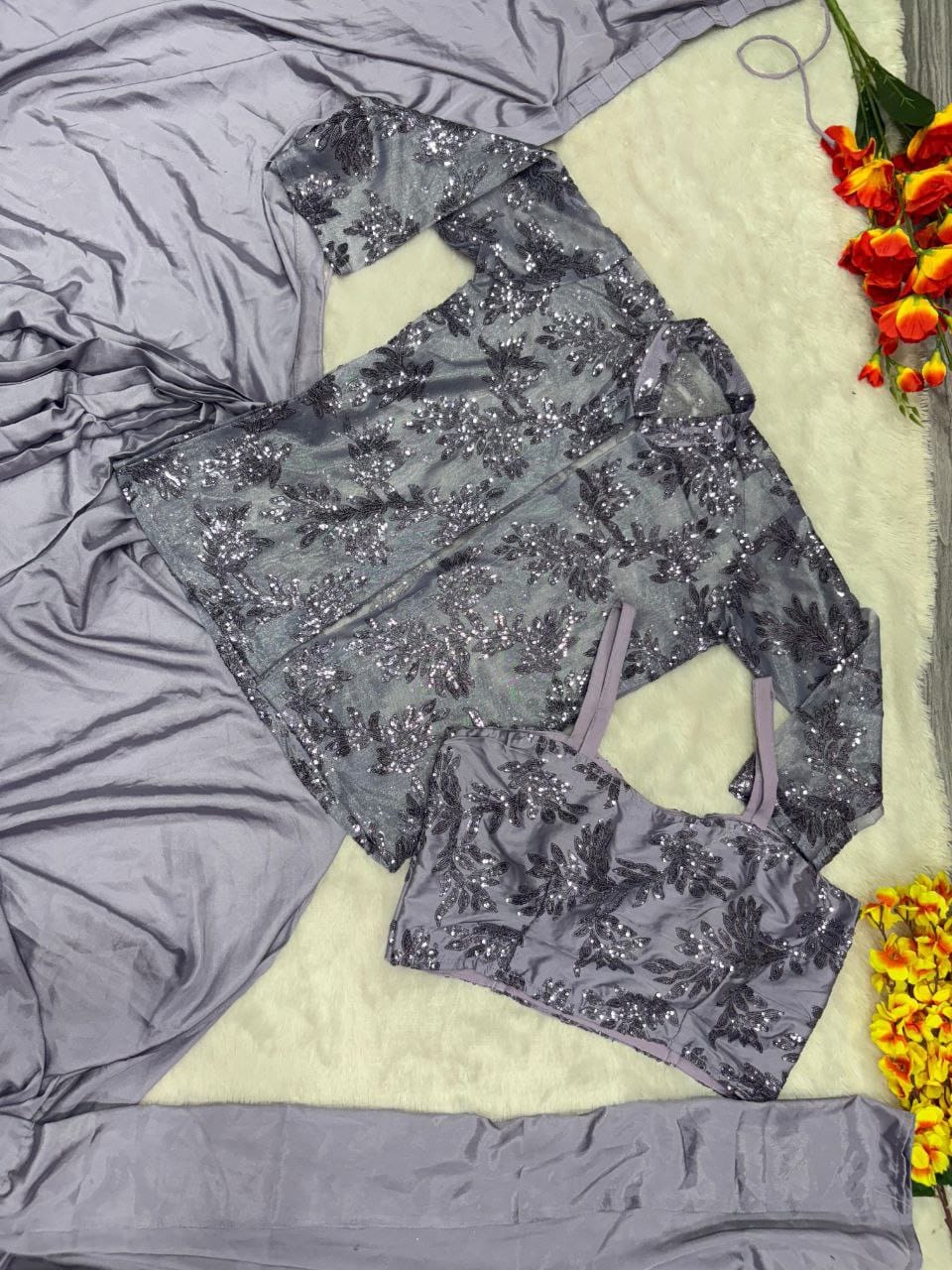 Premium French Crape Silk Ready-to-Wear Saree with Embroidered Jacket & Blouse | House of ShiVisha™ | Code: HOS-SJ1021 - Imag