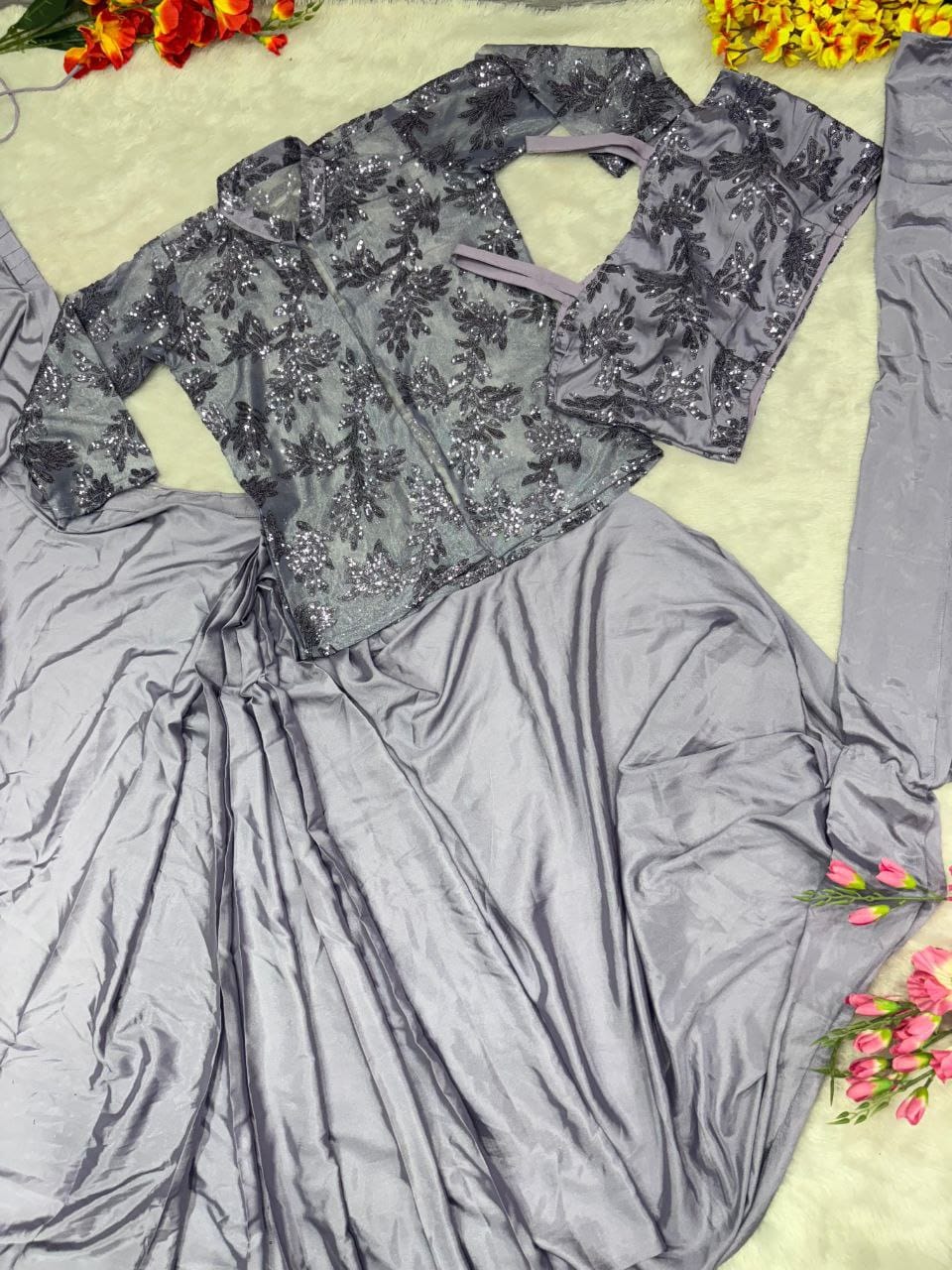 Premium French Crape Silk Ready-to-Wear Saree with Embroidered Jacket & Blouse | House of ShiVisha™ | Code: HOS-SJ1021 - Imag