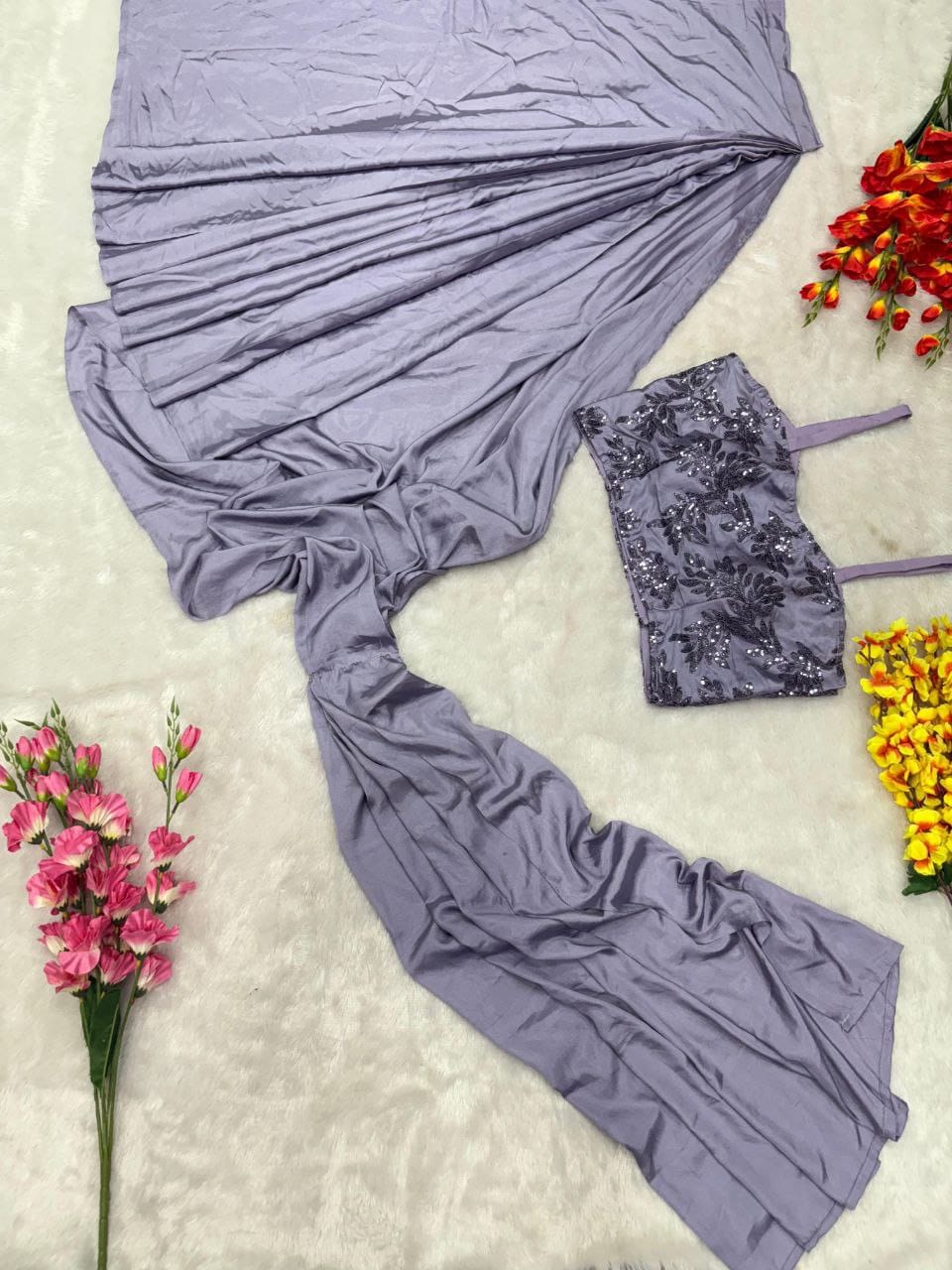 Premium French Crape Silk Ready-to-Wear Saree with Embroidered Jacket & Blouse | House of ShiVisha™ | Code: HOS-SJ1021 - Imag