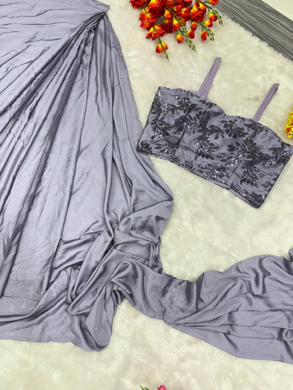 Premium French Crape Silk Ready-to-Wear Saree with Embroidered Jacket & Blouse | House of ShiVisha™ | Code: HOS-SJ1021 - Imag