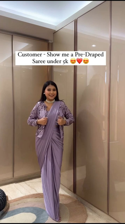 Premium French Crape Silk Ready-to-Wear Saree with Embroidered Jacket & Blouse | House of ShiVisha™ | Code: HOS-SJ1021 - Imag