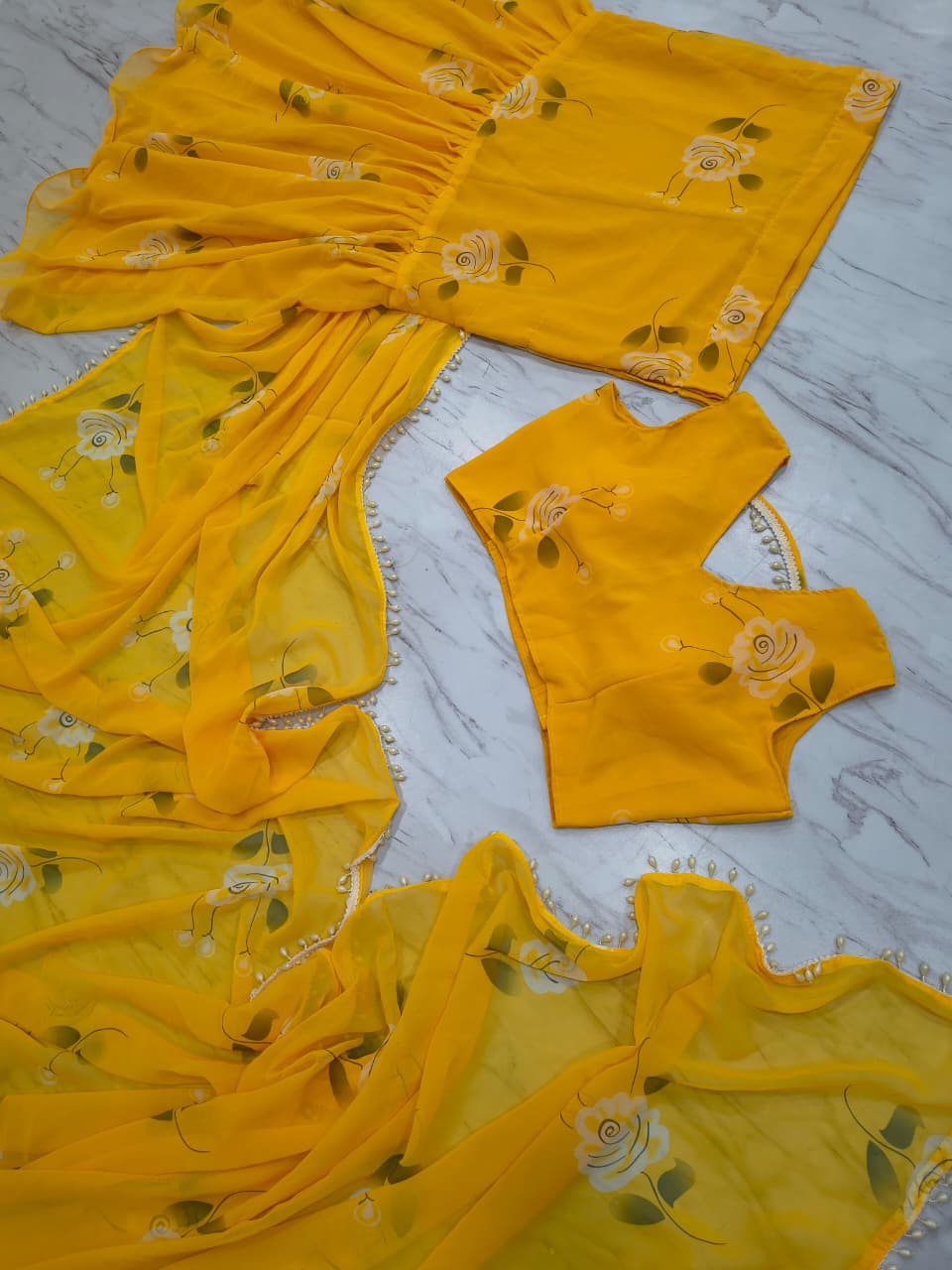 Premium Georgette Ruffle Lehenga Saree – Digital Print with Pearl Lace & Attached Dupatta | House of ShiVisha™ | Code: HOS-LS