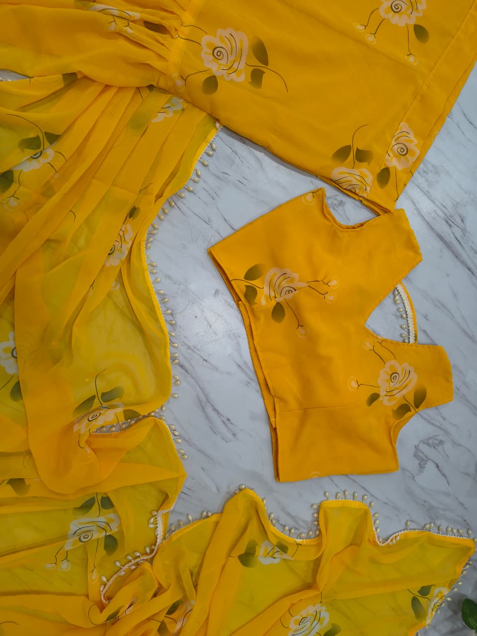 Premium Georgette Ruffle Lehenga Saree – Digital Print with Pearl Lace & Attached Dupatta | House of ShiVisha™ | Code: HOS-LS