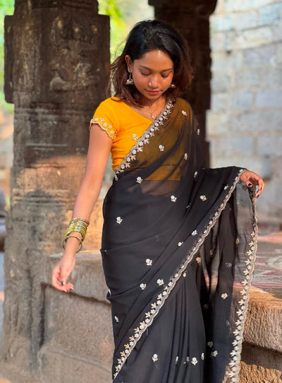 Premium Georgette Saree – Beaded & Embroidered Work with Matching Blouse Piece | House of ShiVisha™ | Code: HOS-SR003-KOTHARINX4