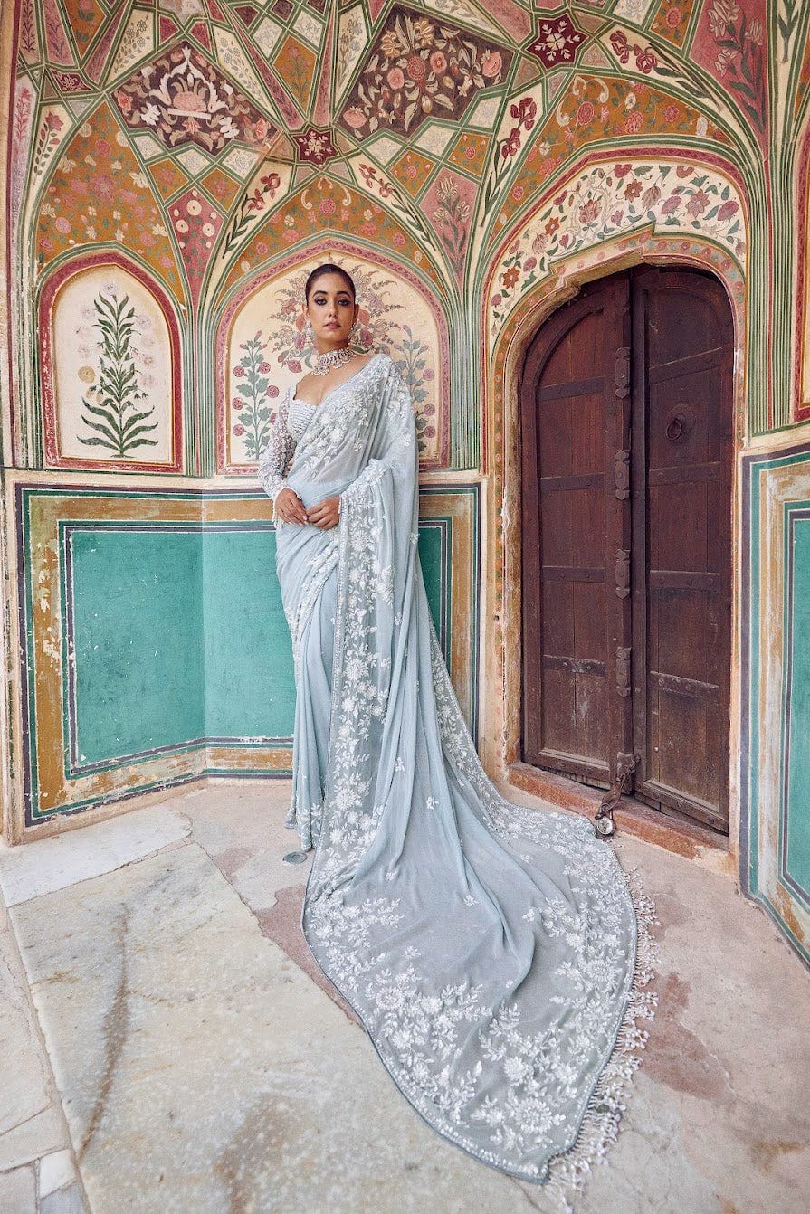 Premium Georgette Saree – Thread Embroidery & Sequins Work with Matching Blouse | House of ShiVisha™ | Code: ASN-86 - Image 1