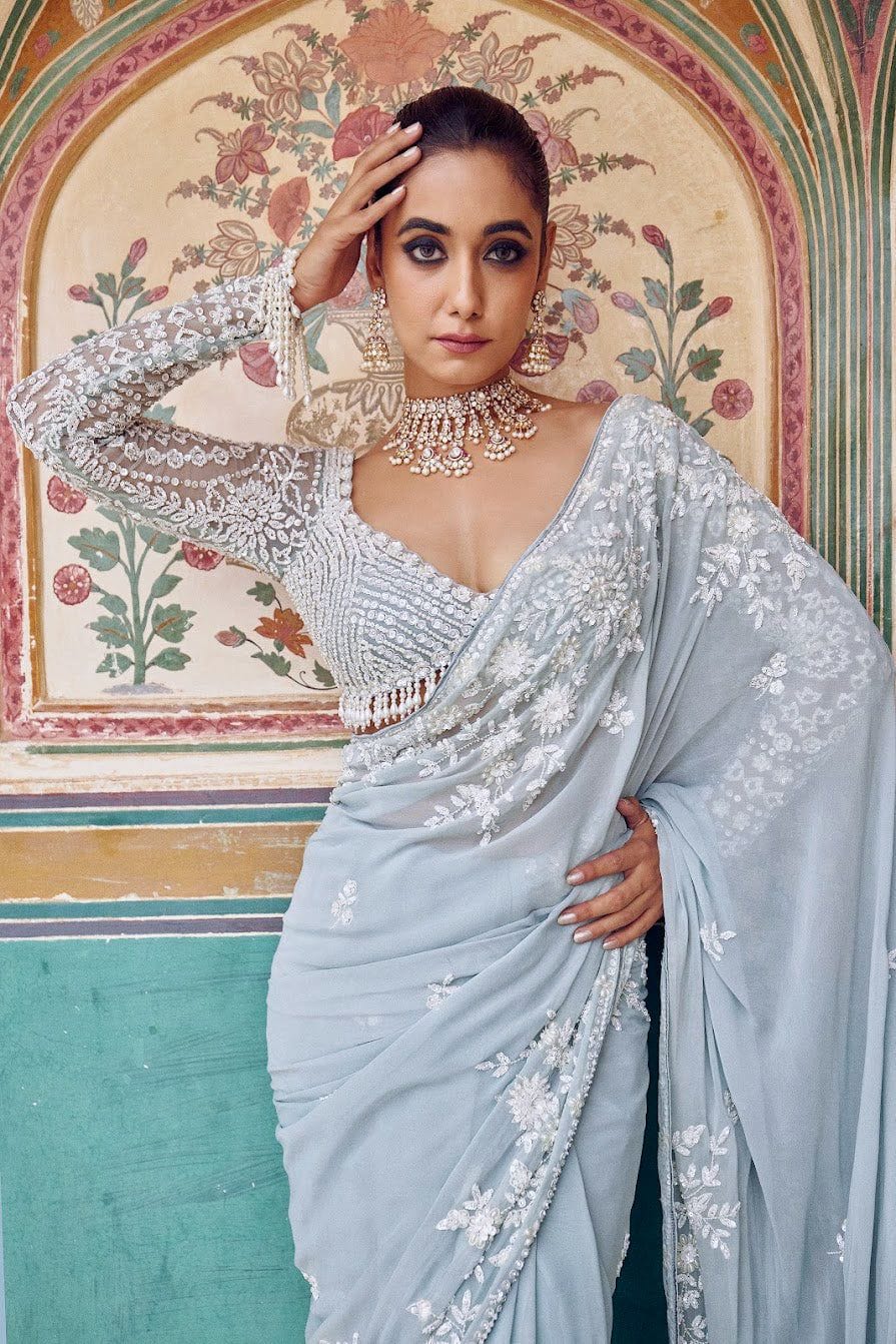 Premium Georgette Saree – Thread Embroidery & Sequins Work with Matching Blouse | House of ShiVisha™ | Code: ASN-86 - Image 2