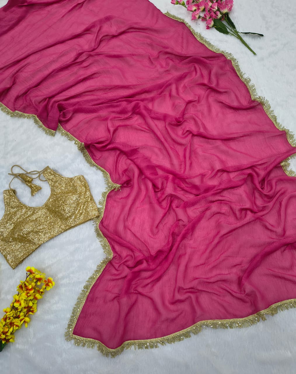 Premium Gold Crush Saree – Designer Lace & Heavy Sequins Work with Unstitched Blouse | House of ShiVisha™ | Code: ASN-89