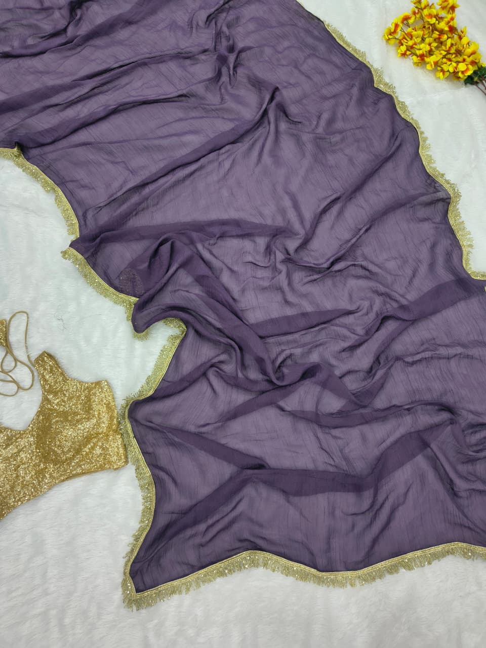 Premium Gold Crush Saree – Designer Lace & Heavy Sequins Work with Unstitched Blouse | House of ShiVisha™ | Code: ASN-89