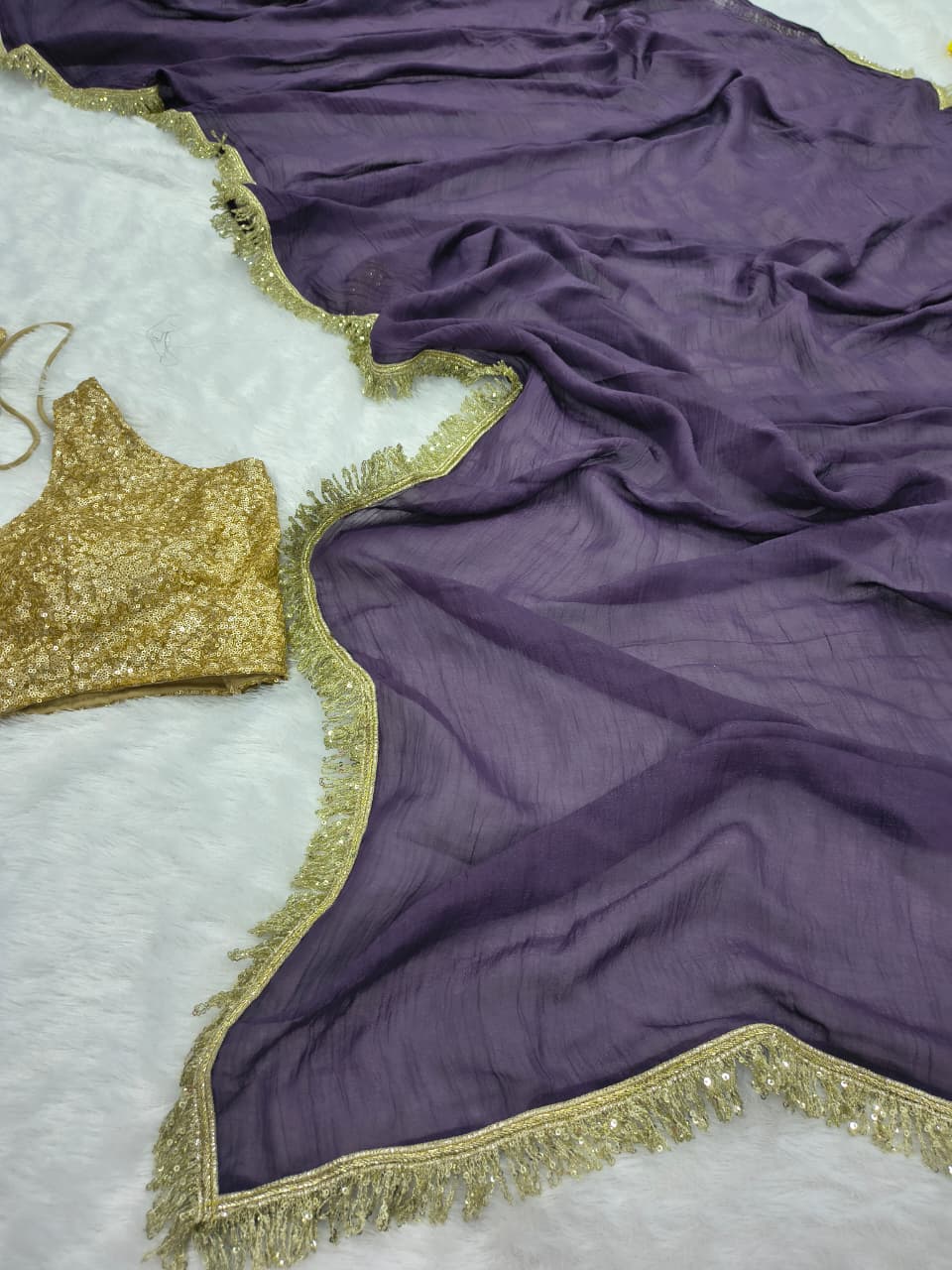 Premium Gold Crush Saree – Designer Lace & Heavy Sequins Work with Unstitched Blouse | House of ShiVisha™ | Code: ASN-89