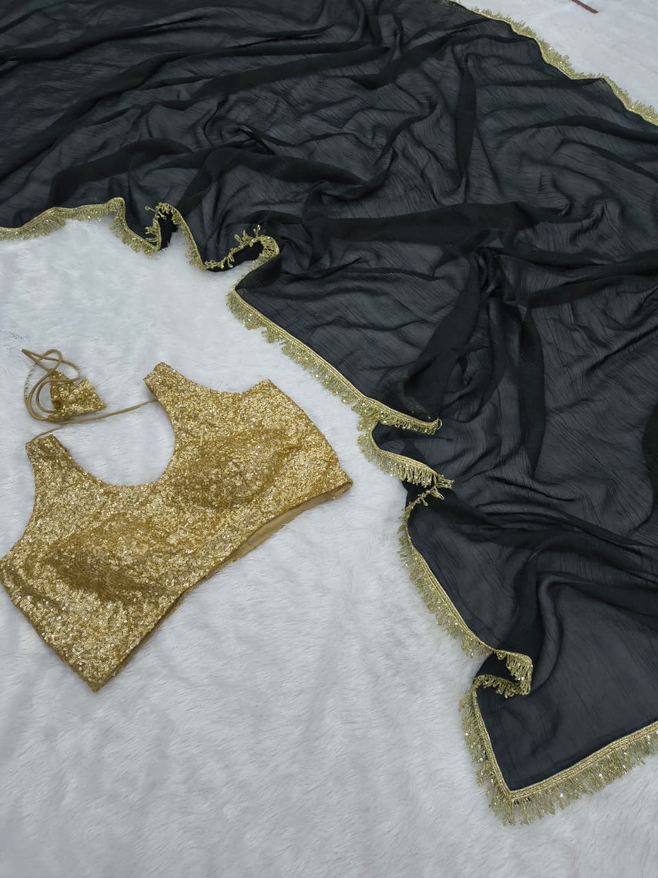 Premium Gold Crush Saree – Designer Lace & Heavy Sequins Work with Unstitched Blouse | House of ShiVisha™ | Code: ASN-89