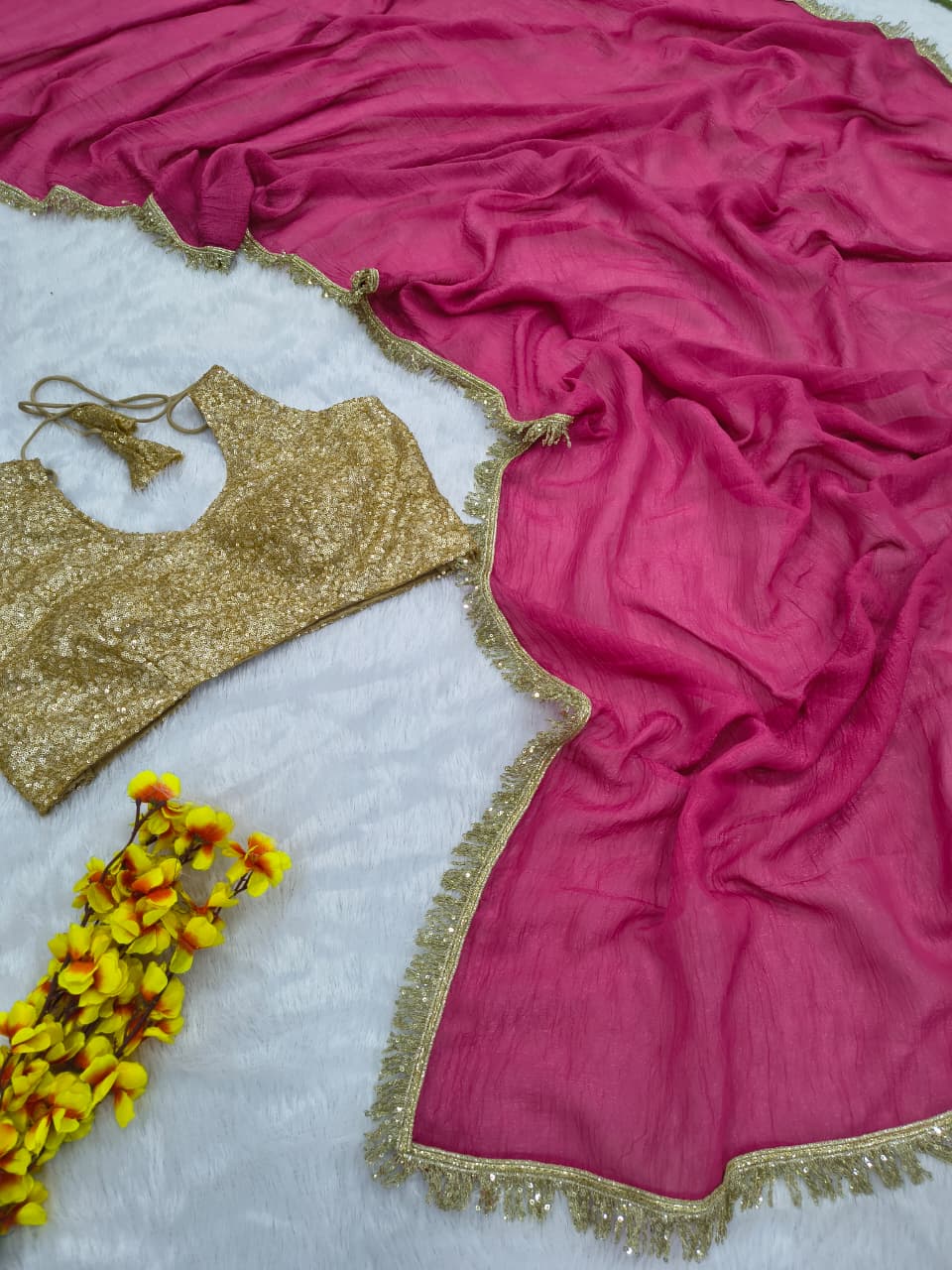 Premium Gold Crush Saree – Designer Lace & Heavy Sequins Work with Unstitched Blouse | House of ShiVisha™ | Code: ASN-89