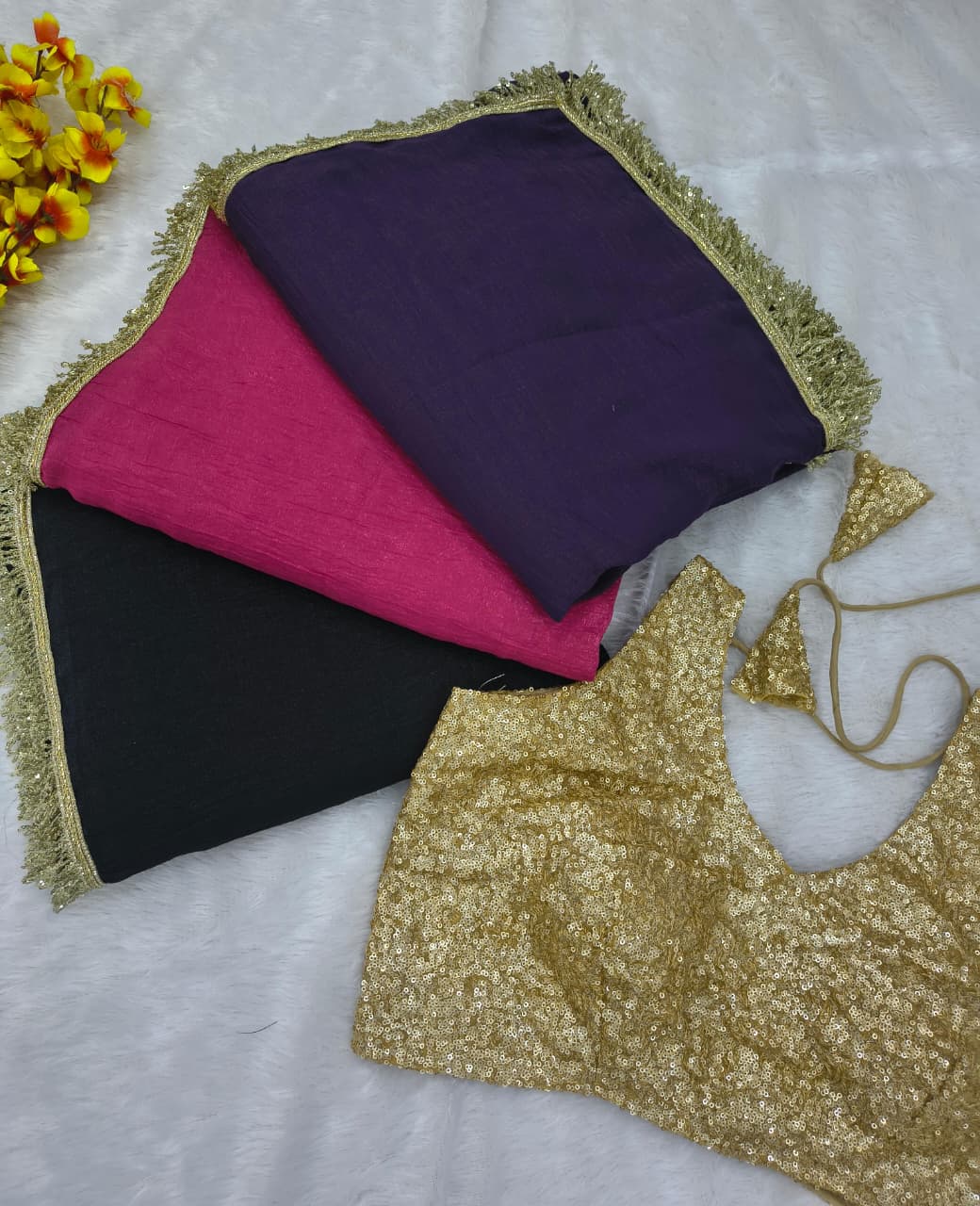 Premium Gold Crush Saree – Designer Lace & Heavy Sequins Work with Unstitched Blouse | House of ShiVisha™ | Code: ASN-89