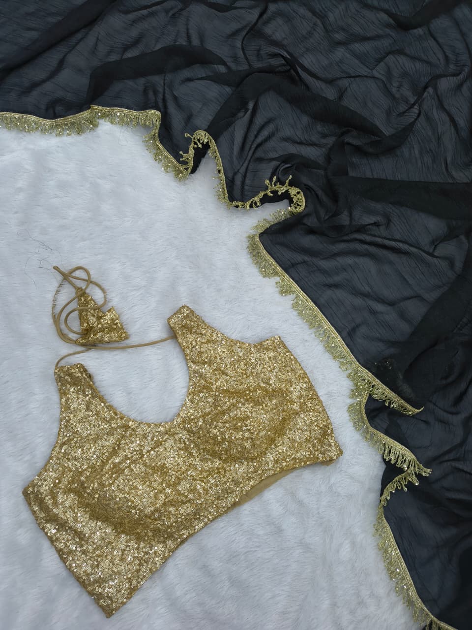 Premium Gold Crush Saree – Designer Lace & Heavy Sequins Work with Unstitched Blouse | House of ShiVisha™ | Code: ASN-89