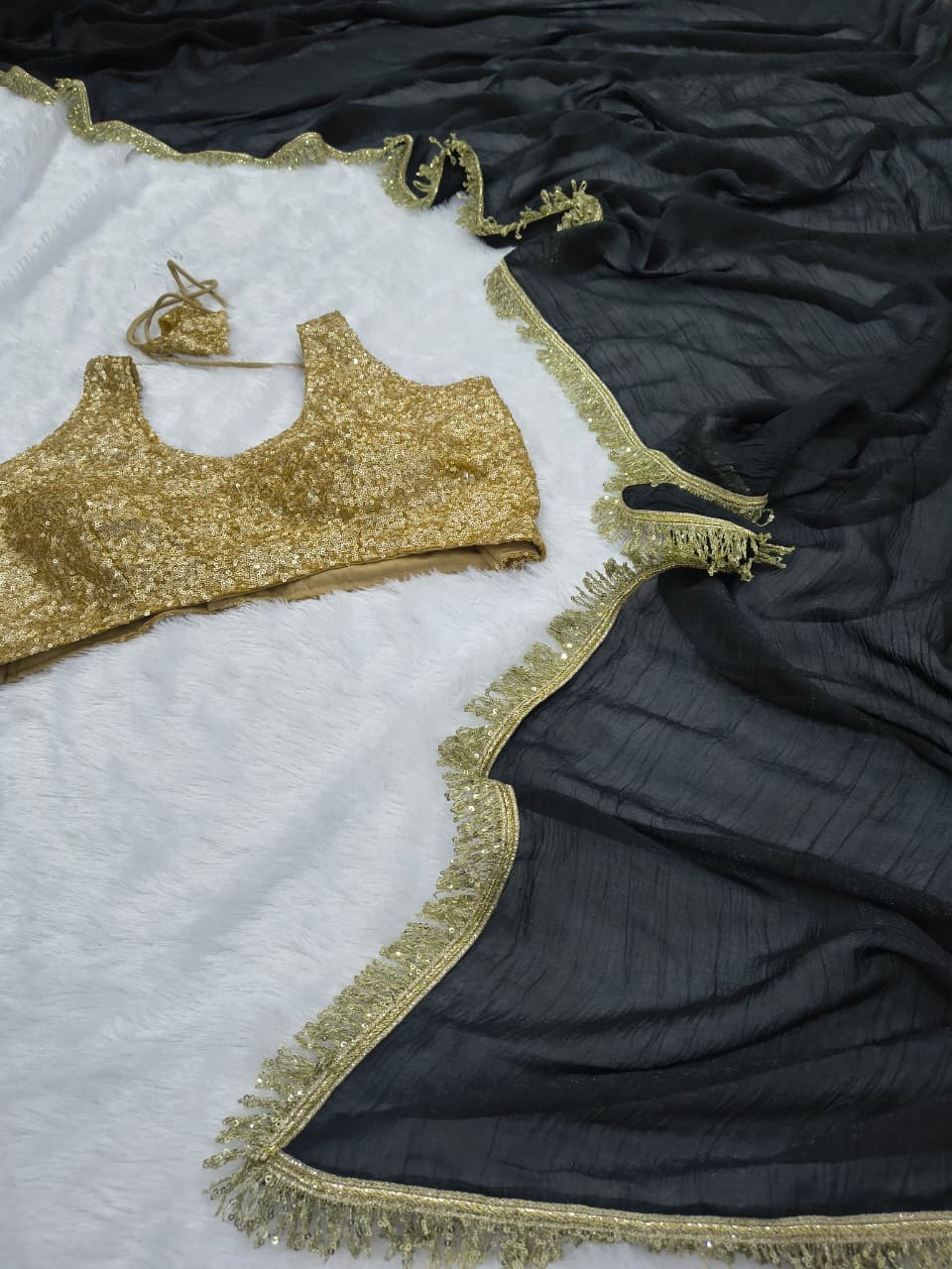 Premium Gold Crush Saree – Designer Lace & Heavy Sequins Work with Unstitched Blouse | House of ShiVisha™ | Code: ASN-89