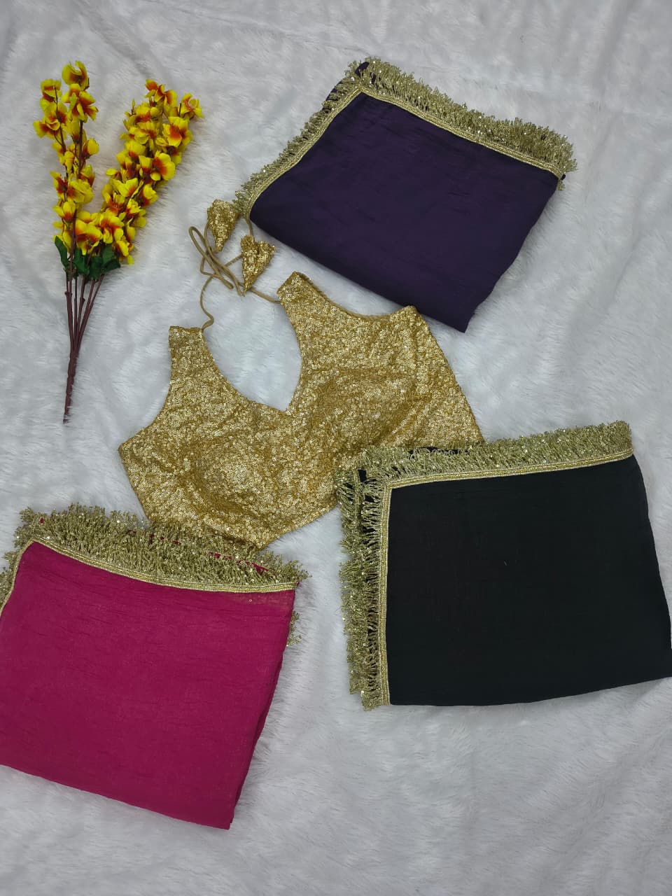 Premium Gold Crush Saree – Designer Lace & Heavy Sequins Work with Unstitched Blouse | House of ShiVisha™ | Code: ASN-89