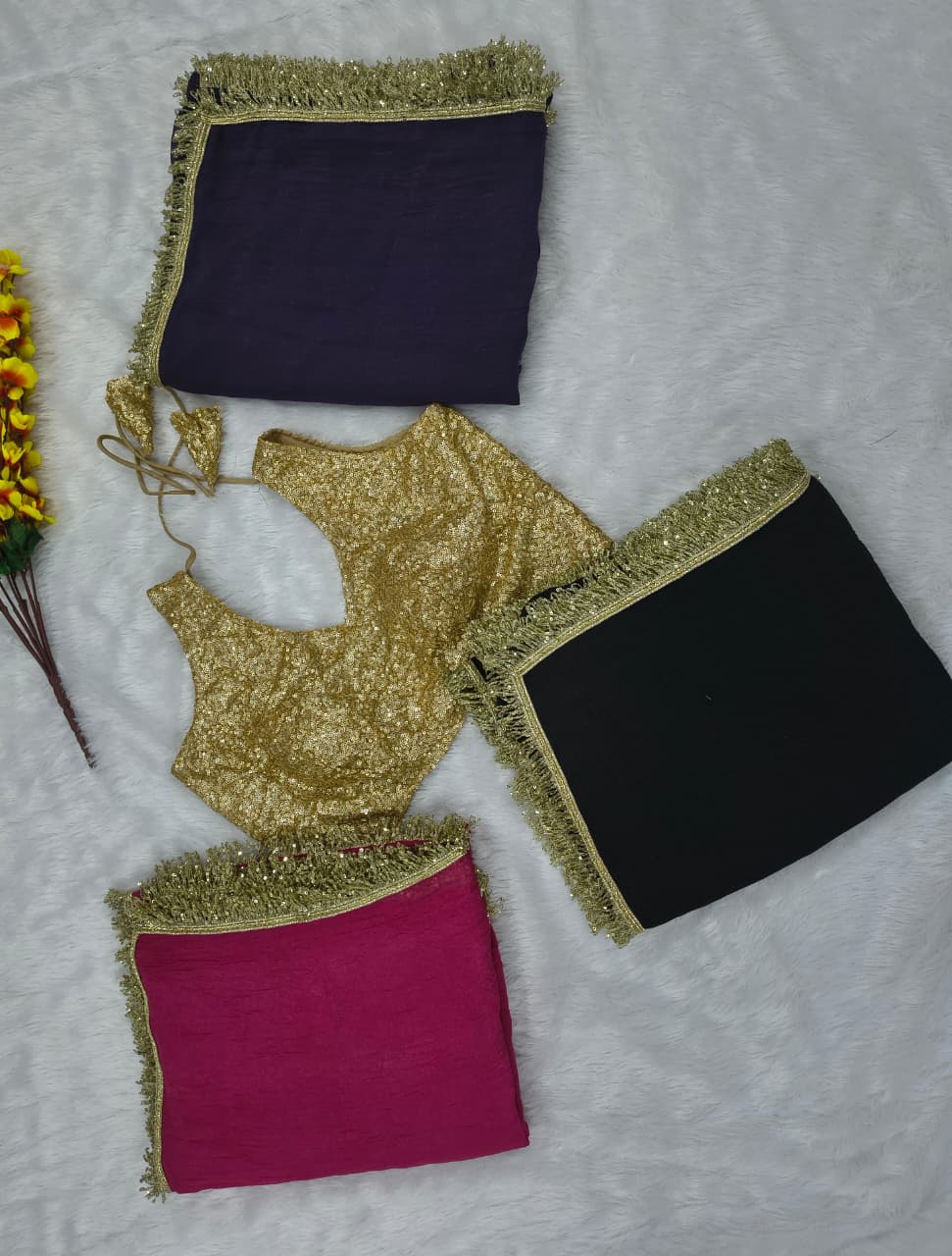 Premium Gold Crush Saree – Designer Lace & Heavy Sequins Work with Unstitched Blouse | House of ShiVisha™ | Code: ASN-89