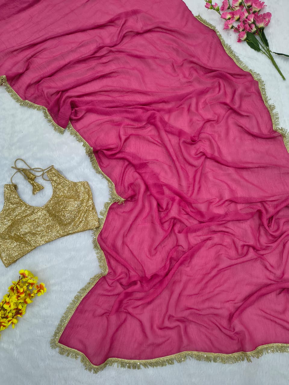 Premium Gold Crush Saree – Designer Lace & Heavy Sequins Work with Unstitched Blouse | House of ShiVisha™ | Code: ASN-89