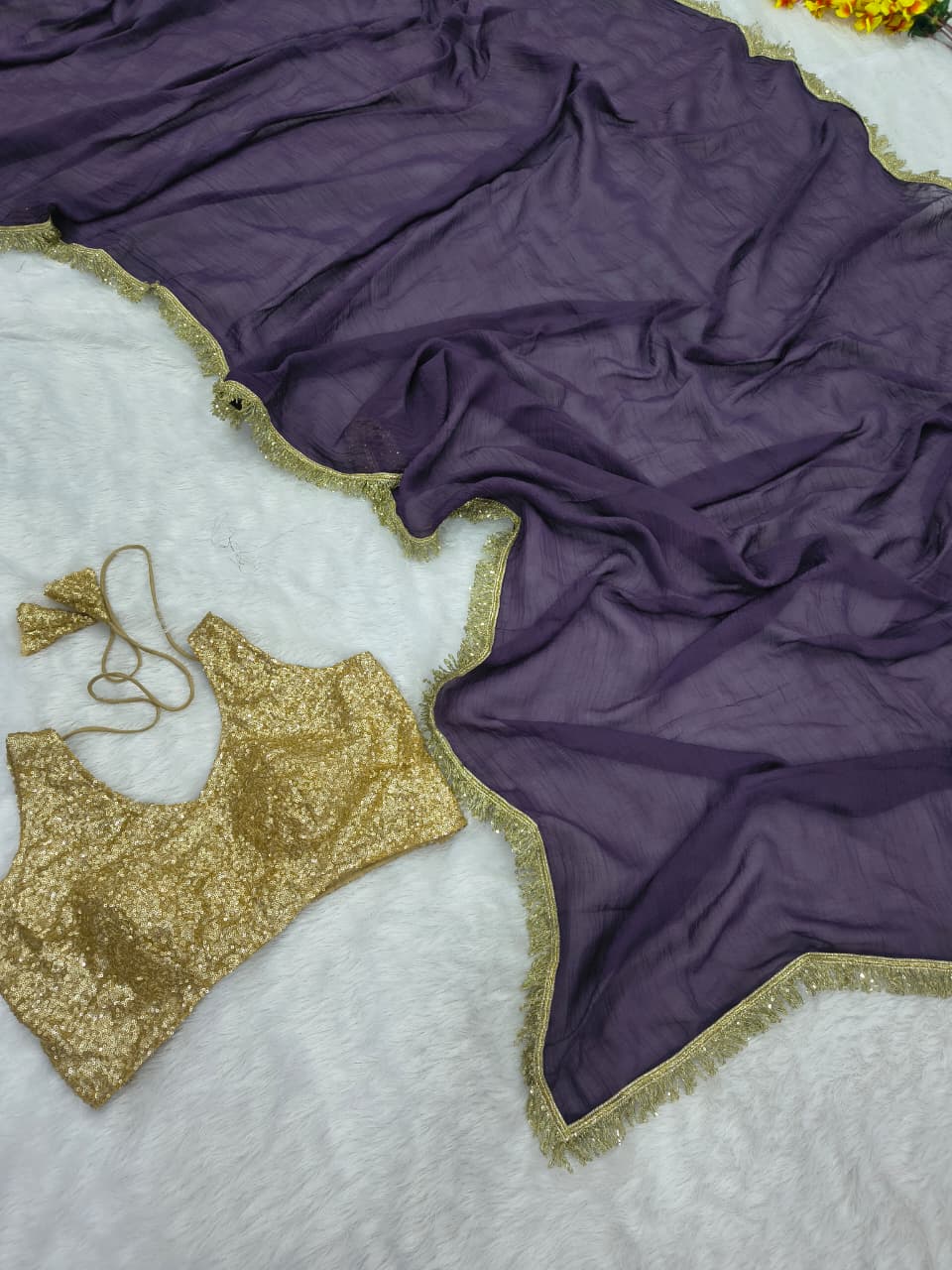 Premium Gold Crush Saree – Designer Lace & Heavy Sequins Work with Unstitched Blouse | House of ShiVisha™ | Code: ASN-89