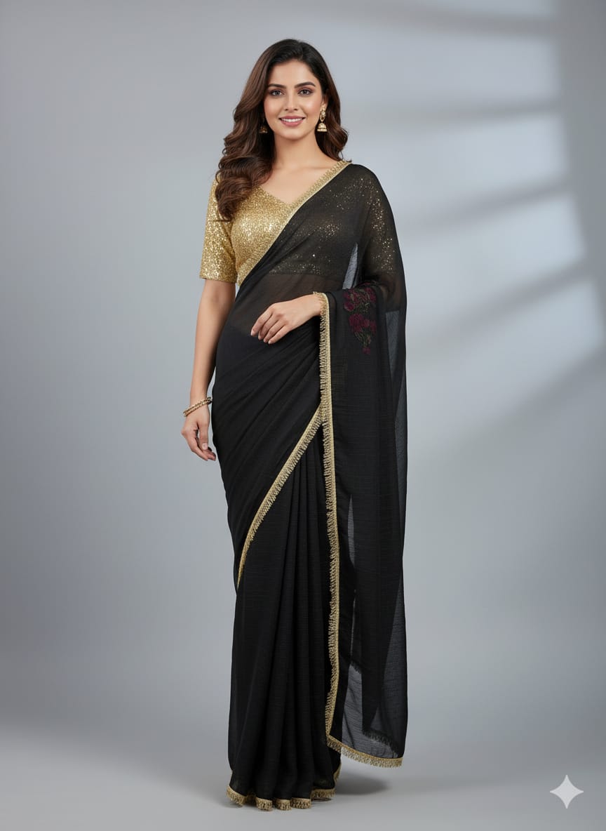 Premium Gold Crush Saree – Designer Lace & Heavy Sequins Work with Unstitched Blouse | House of ShiVisha™ | Code: ASN-89