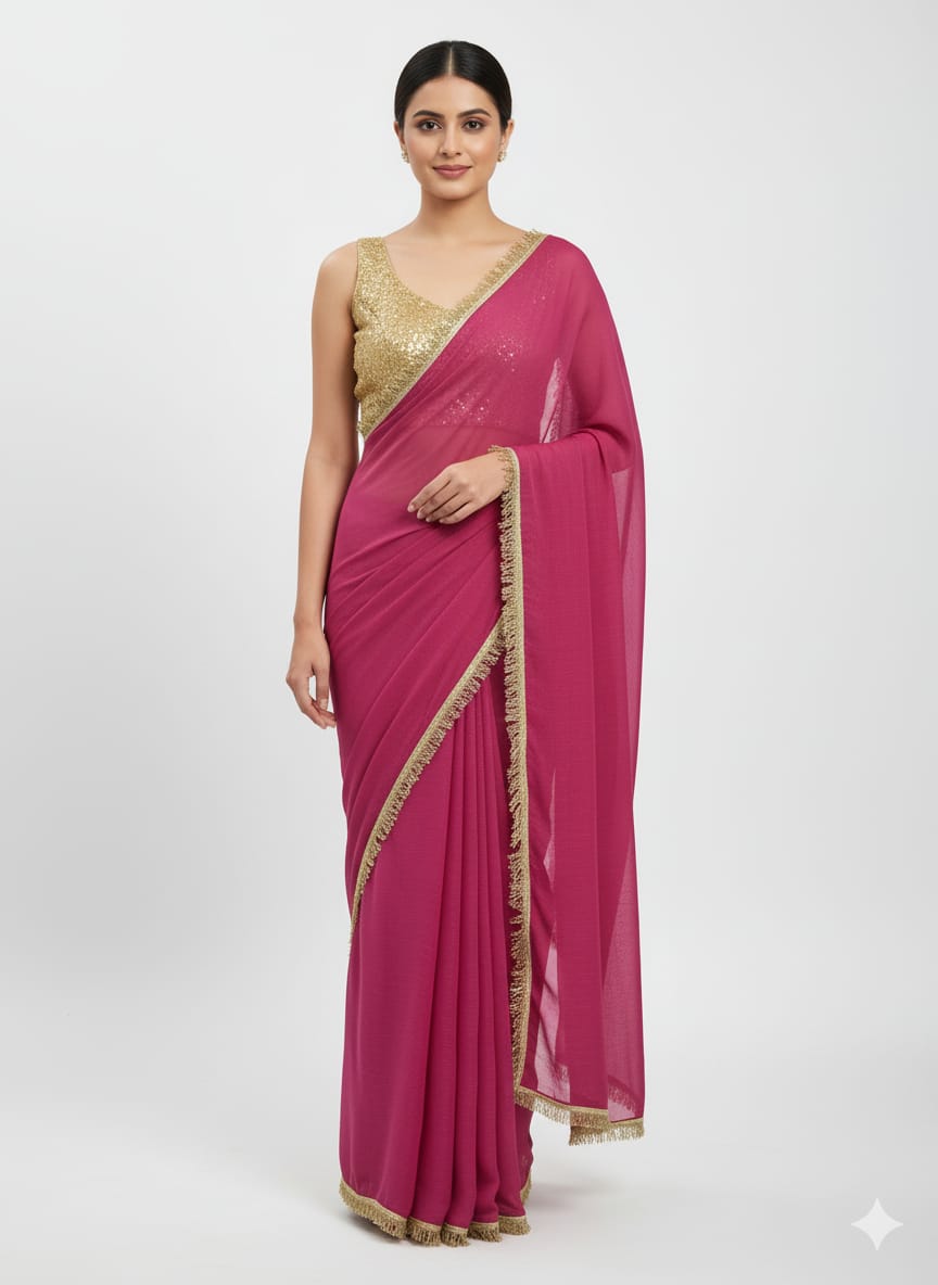 Premium Gold Crush Saree – Designer Lace & Heavy Sequins Work with Unstitched Blouse | House of ShiVisha™ | Code: ASN-89