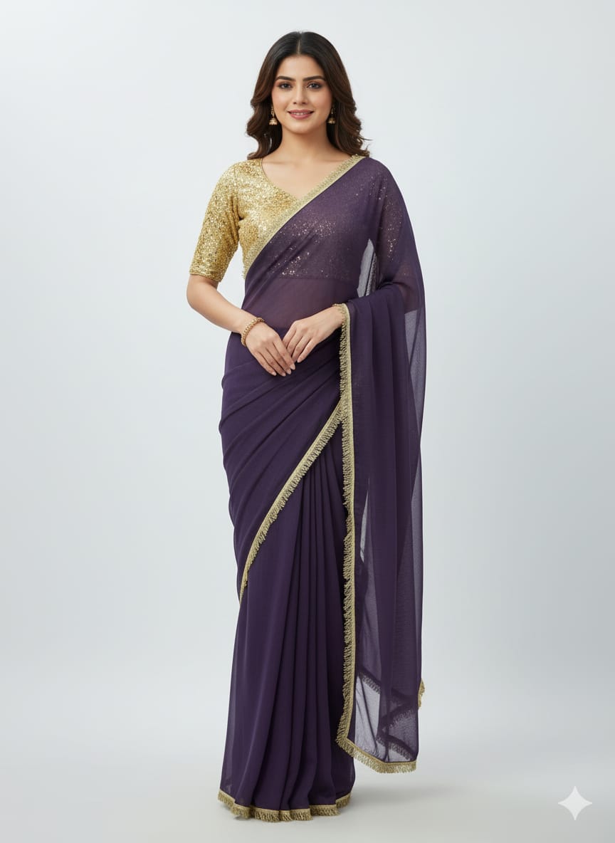 Premium Gold Crush Saree – Designer Lace & Heavy Sequins Work with Unstitched Blouse | House of ShiVisha™ | Code: ASN-89