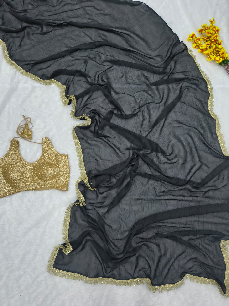 Premium Gold Crush Saree – Designer Lace & Heavy Sequins Work with Unstitched Blouse | House of ShiVisha™ | Code: ASN-89