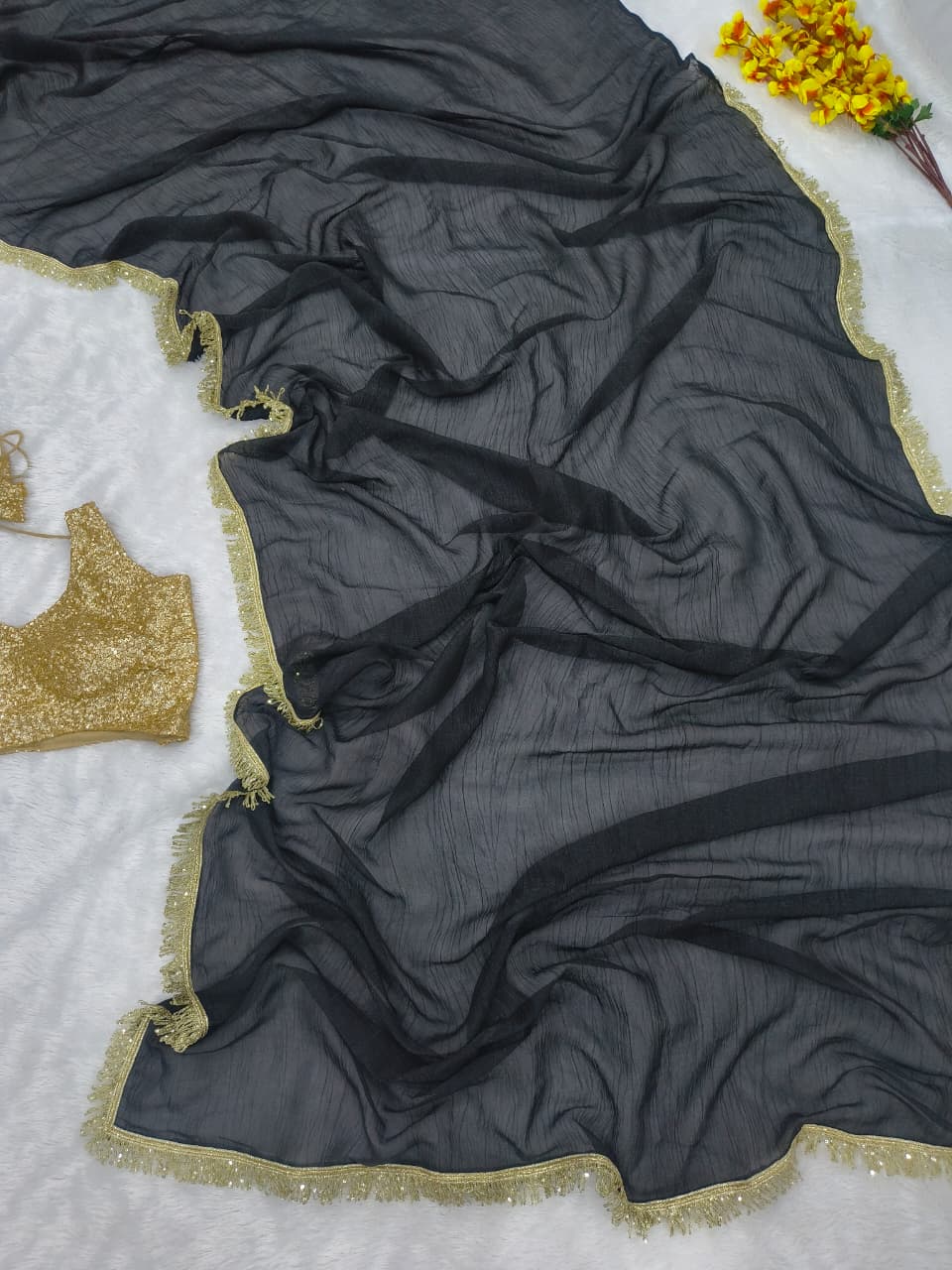 Premium Gold Crush Saree – Designer Lace & Heavy Sequins Work with Unstitched Blouse | House of ShiVisha™ | Code: ASN-89