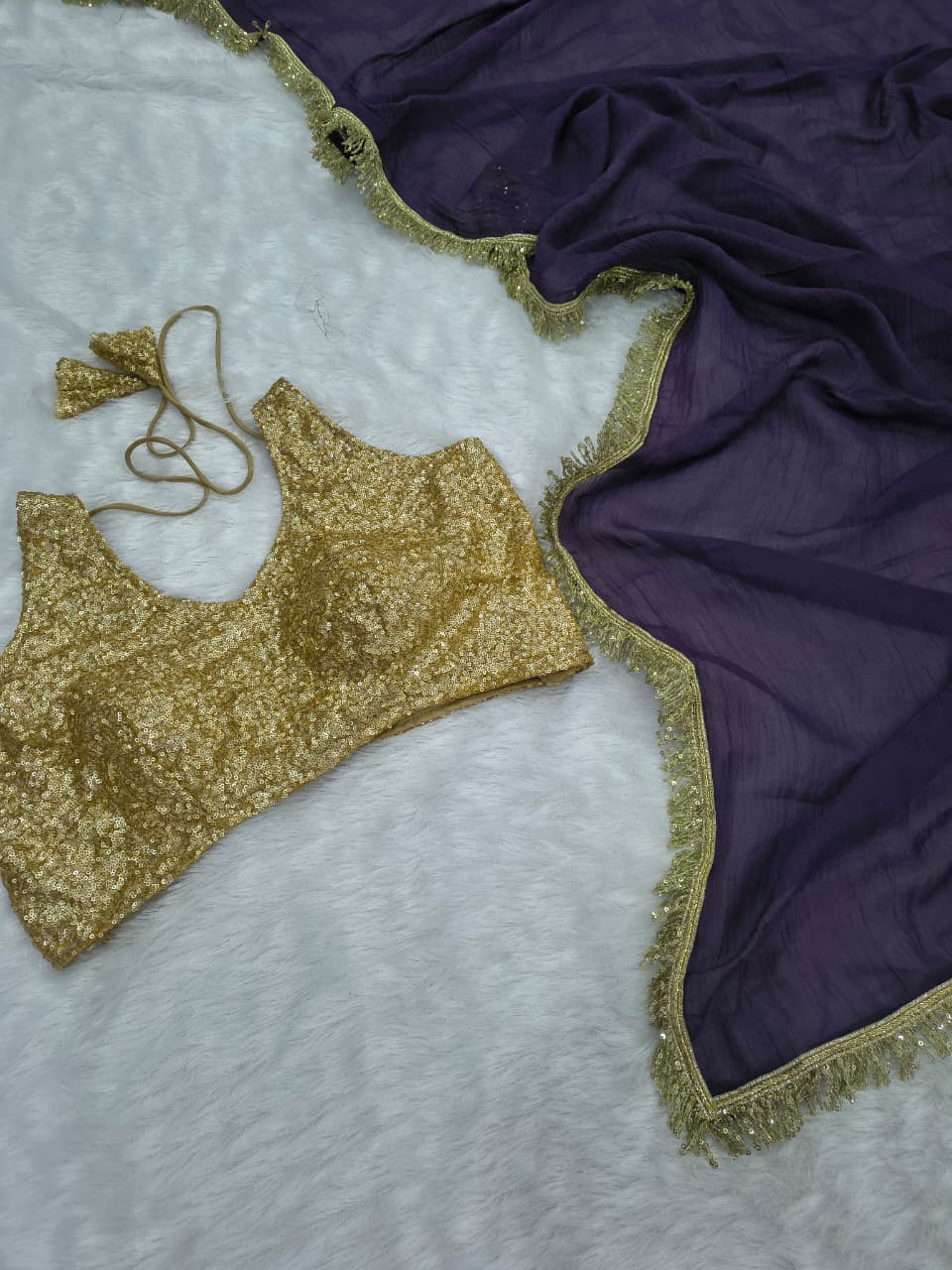 Premium Gold Crush Saree – Designer Lace & Heavy Sequins Work with Unstitched Blouse | House of ShiVisha™ | Code: ASN-89