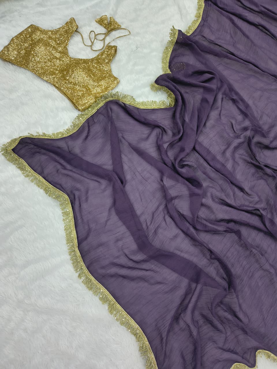 Premium Gold Crush Saree – Designer Lace & Heavy Sequins Work with Unstitched Blouse | House of ShiVisha™ | Code: ASN-89