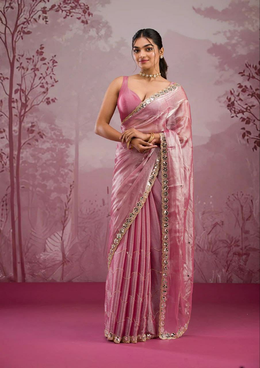 Premium Jimmy Chu Silk Saree – Real Mirror & Glitter Dori Work with Matching Blouse | House of ShiVisha™ | Code: ASN-70 - Ima