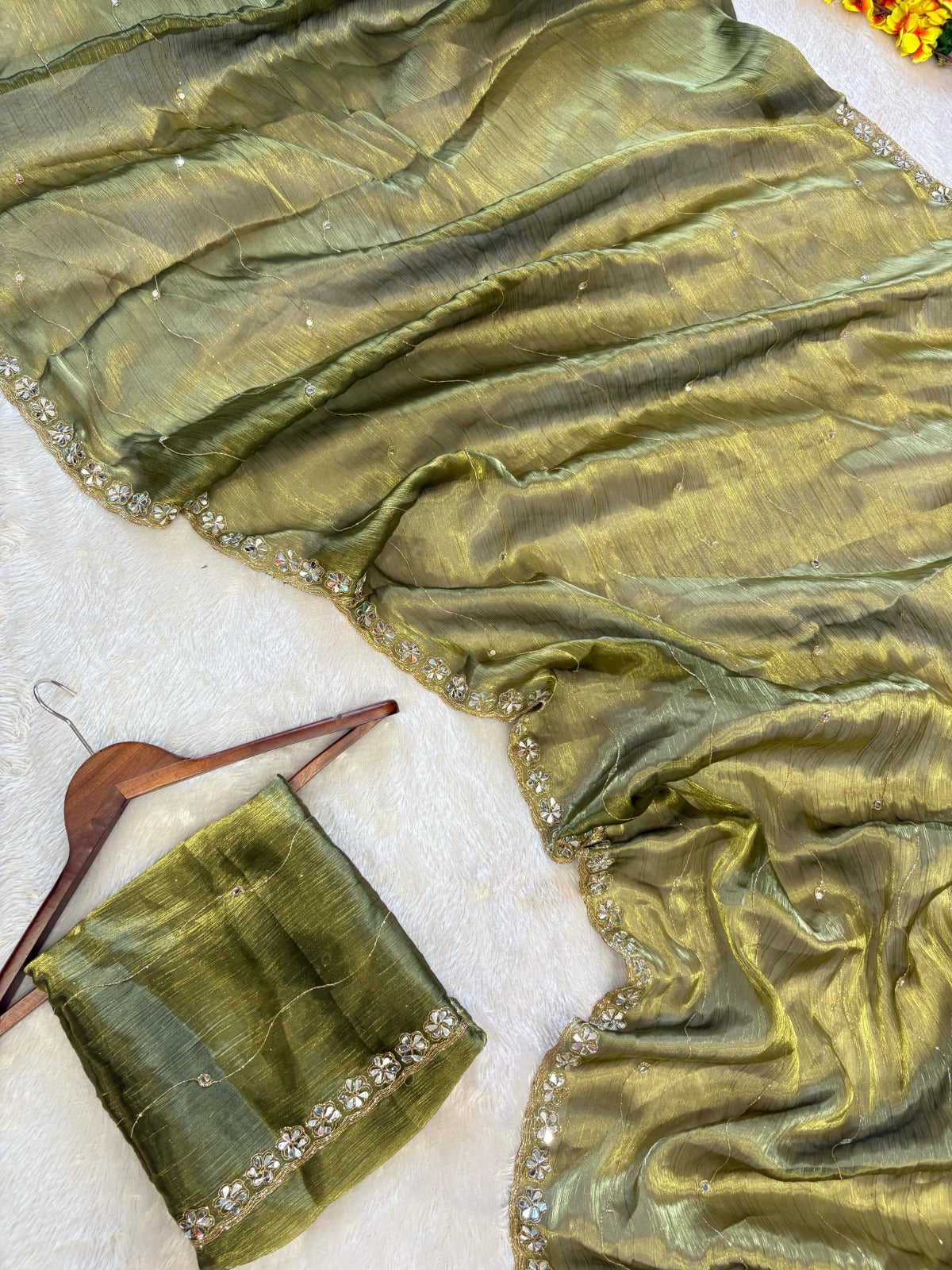 Premium Jimmy Chu Silk Saree – Real Mirror & Glitter Dori Work with Matching Blouse | House of ShiVisha™ | Code: ASN-70 - Ima