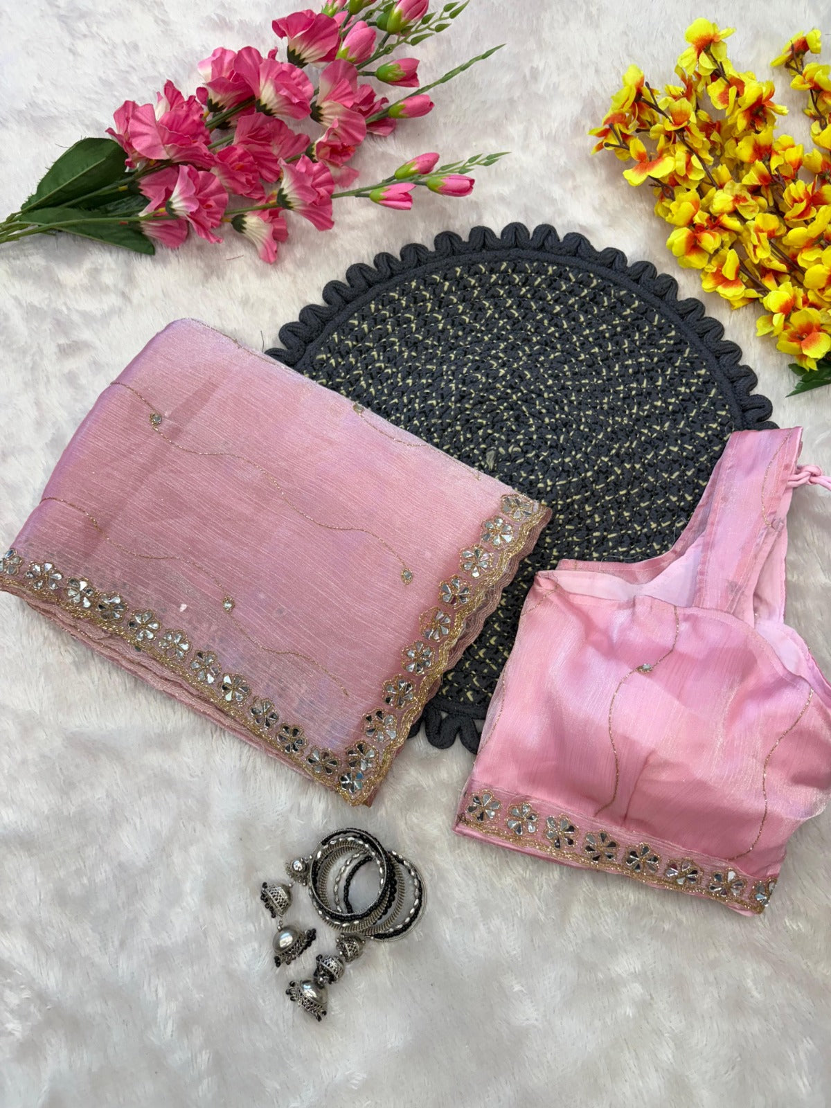 Premium Jimmy Chu Silk Saree – Real Mirror & Glitter Dori Work with Matching Blouse | House of ShiVisha™ | Code: ASN-70 - Ima