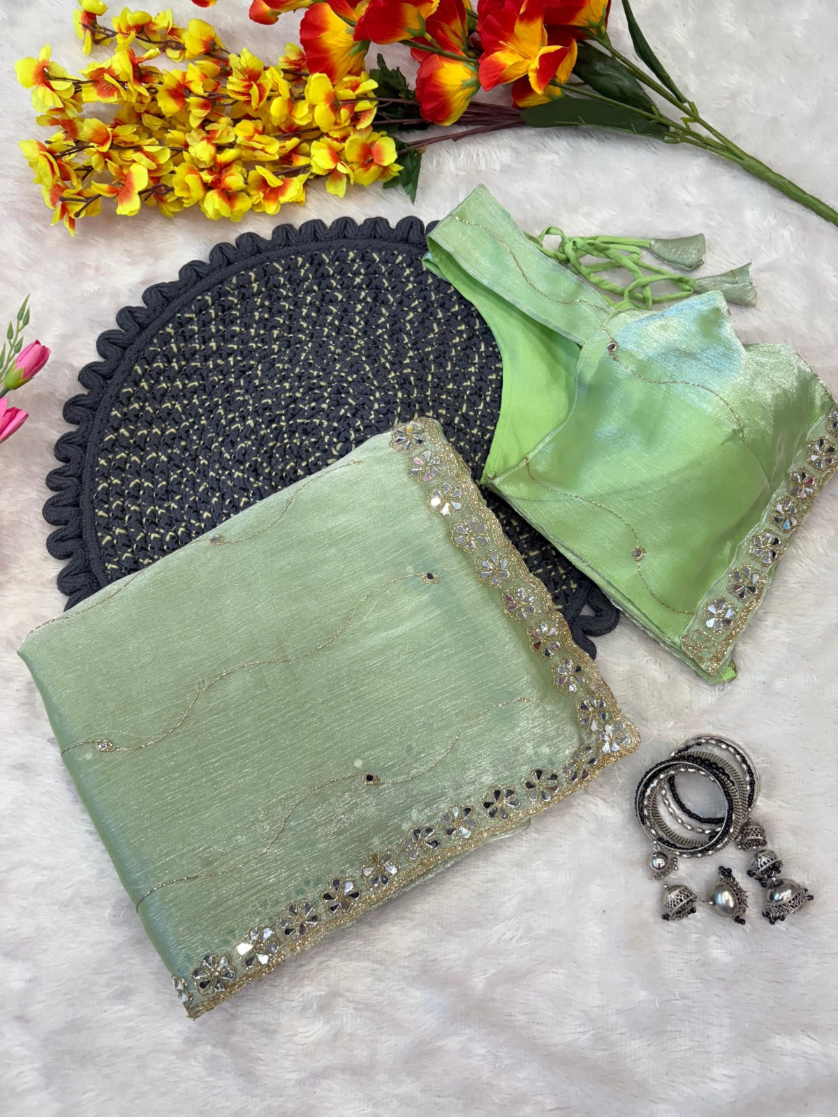 Premium Jimmy Chu Silk Saree – Real Mirror & Glitter Dori Work with Matching Blouse | House of ShiVisha™ | Code: ASN-70 - Ima