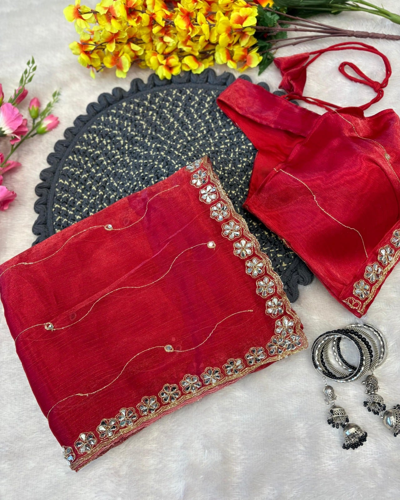 Premium Jimmy Chu Silk Saree – Real Mirror & Glitter Dori Work with Matching Blouse | House of ShiVisha™ | Code: ASN-70 - Ima