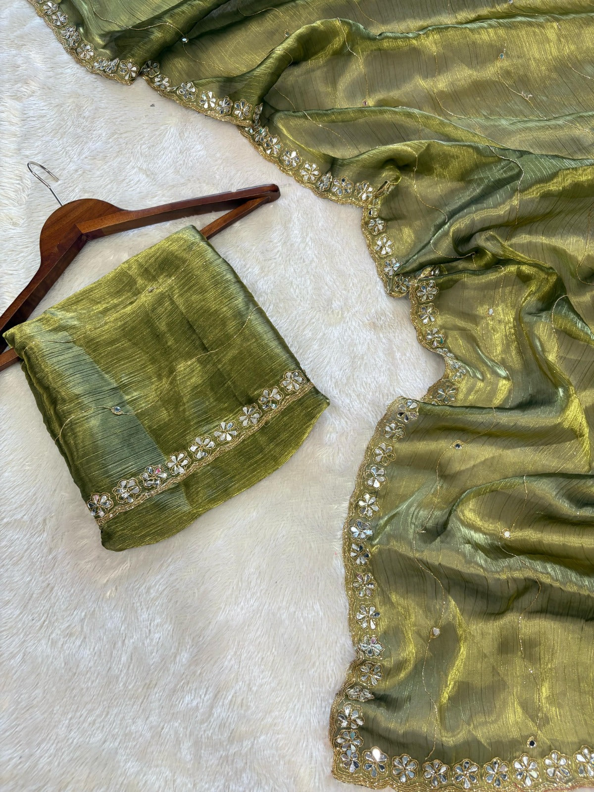 Premium Jimmy Chu Silk Saree – Real Mirror & Glitter Dori Work with Matching Blouse | House of ShiVisha™ | Code: ASN-70 - Ima