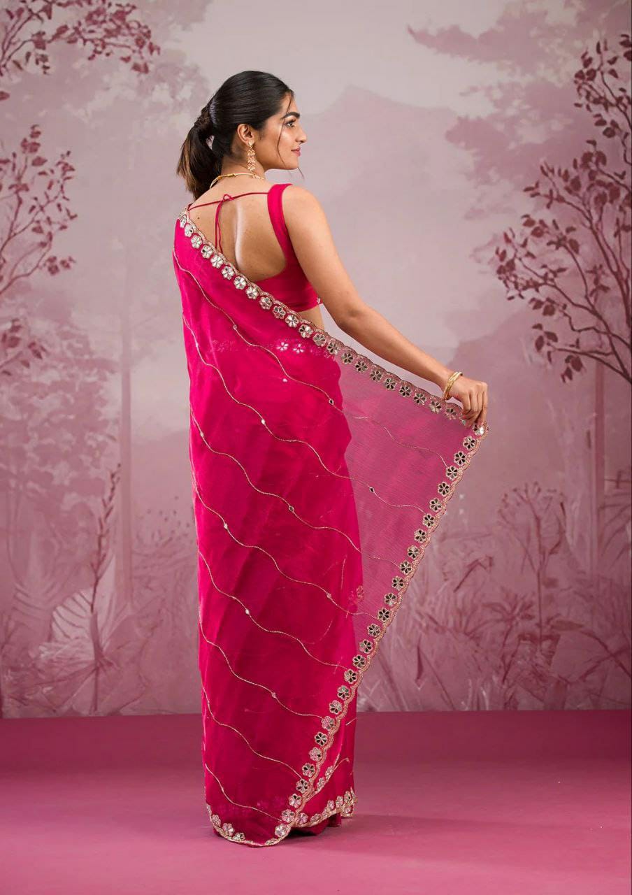 Premium Jimmy Chu Silk Saree – Real Mirror & Glitter Dori Work with Matching Blouse | House of ShiVisha™ | Code: ASN-70 - Ima