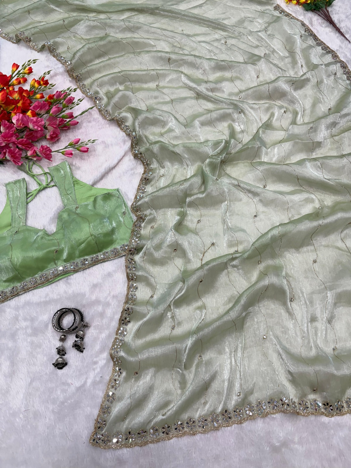 Premium Jimmy Chu Silk Saree – Real Mirror & Glitter Dori Work with Matching Blouse | House of ShiVisha™ | Code: ASN-70 - Ima